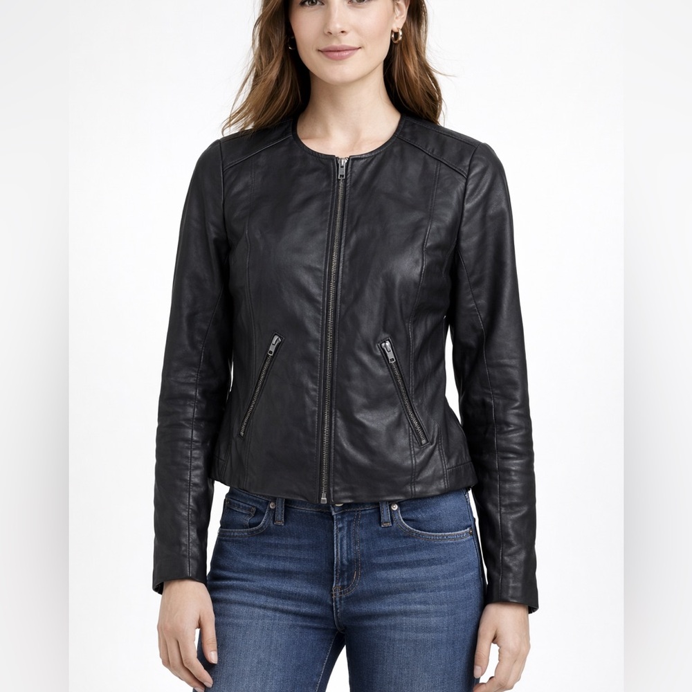 Halogen Nordstrom Collarless Leather Moto Jacket Black size Small